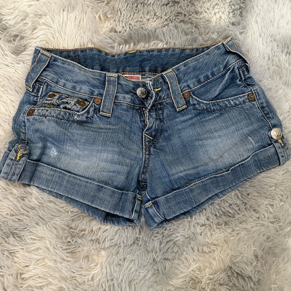 True Religion Blue Jean Shorts Distressed Cut-Off